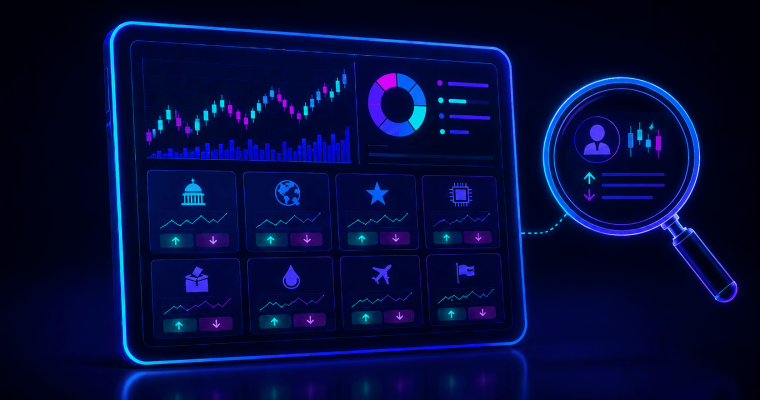 Neon-style illustration of a digital prediction market platform displayed on a large tablet screen. The dashboard features a candlestick price chart, a circular portfolio chart, and multiple market categories represented by icons including government, global affairs, entertainment, technology, elections, commodities, travel, and sports. Each market tile shows trend lines and up/down indicators. To the right, a magnifying glass highlights a trader profile alongside market performance data and chart activity. The image uses glowing blue, purple, and cyan colors against a dark background to represent market analysis, forecasting, and prediction trading.