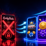 Illustration comparing a restricted sweepstakes casino platform with competing alternatives. On the left, a smartphone labeled “LuckyStake” is covered by a red X and padlock icon, symbolizing access restrictions, shutdowns, or regulatory issues. On the right, three glowing casino-themed mobile apps display slot games, rewards, virtual currency, and sweepstakes prizes, alongside an upward-trending chart and directional arrows representing user migration and market growth. The image highlights how players may move from a restricted sweeps casino to alternative sweepstakes casino platforms offering slots, rewards programs, and promotional bonuses.