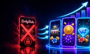 Illustration comparing a restricted sweepstakes casino platform with competing alternatives. On the left, a smartphone labeled “LuckyStake” is covered by a red X and padlock icon, symbolizing access restrictions, shutdowns, or regulatory issues. On the right, three glowing casino-themed mobile apps display slot games, rewards, virtual currency, and sweepstakes prizes, alongside an upward-trending chart and directional arrows representing user migration and market growth. The image highlights how players may move from a restricted sweeps casino to alternative sweepstakes casino platforms offering slots, rewards programs, and promotional bonuses.