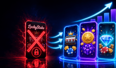 Illustration comparing a restricted sweepstakes casino platform with competing alternatives. On the left, a smartphone labeled “LuckyStake” is covered by a red X and padlock icon, symbolizing access restrictions, shutdowns, or regulatory issues. On the right, three glowing casino-themed mobile apps display slot games, rewards, virtual currency, and sweepstakes prizes, alongside an upward-trending chart and directional arrows representing user migration and market growth. The image highlights how players may move from a restricted sweeps casino to alternative sweepstakes casino platforms offering slots, rewards programs, and promotional bonuses.