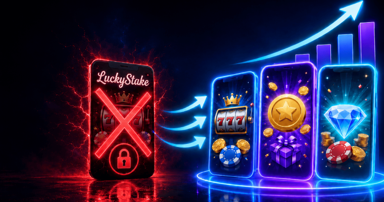 Illustration comparing a restricted sweepstakes casino platform with competing alternatives. On the left, a smartphone labeled “LuckyStake” is covered by a red X and padlock icon, symbolizing access restrictions, shutdowns, or regulatory issues. On the right, three glowing casino-themed mobile apps display slot games, rewards, virtual currency, and sweepstakes prizes, alongside an upward-trending chart and directional arrows representing user migration and market growth. The image highlights how players may move from a restricted sweeps casino to alternative sweepstakes casino platforms offering slots, rewards programs, and promotional bonuses.