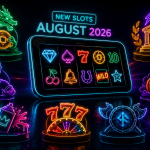 Neon-style promotional graphic titled “New Slots August 2026.” At the center, a smartphone displays colorful slot machine reels featuring symbols such as a diamond, spade, cherries, bell, horseshoe, star, and a red “7.” Surrounding the device are six themed icons representing new slot releases: a green dragon holding a coin, a glowing bank building with lightning bolts, a carved Halloween pumpkin beneath a crescent moon, a Viking shield with crossed axes, a spray paint can with colorful paint splashes, and a utility worker holding a lightning bolt. A large glowing “777” jackpot symbol appears at the bottom center. The image uses vibrant blue, purple, green, orange, and pink neon lighting against a dark background to highlight upcoming slot games and casino entertainment.