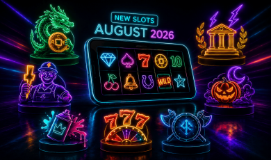 Neon-style promotional graphic titled “New Slots August 2026.” At the center, a smartphone displays colorful slot machine reels featuring symbols such as a diamond, spade, cherries, bell, horseshoe, star, and a red “7.” Surrounding the device are six themed icons representing new slot releases: a green dragon holding a coin, a glowing bank building with lightning bolts, a carved Halloween pumpkin beneath a crescent moon, a Viking shield with crossed axes, a spray paint can with colorful paint splashes, and a utility worker holding a lightning bolt. A large glowing “777” jackpot symbol appears at the bottom center. The image uses vibrant blue, purple, green, orange, and pink neon lighting against a dark background to highlight upcoming slot games and casino entertainment.