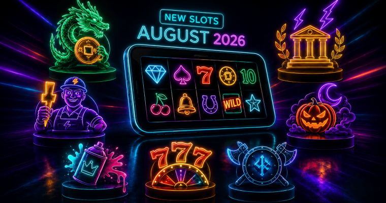Neon-style promotional graphic titled “New Slots August 2026.” At the center, a smartphone displays colorful slot machine reels featuring symbols such as a diamond, spade, cherries, bell, horseshoe, star, and a red “7.” Surrounding the device are six themed icons representing new slot releases: a green dragon holding a coin, a glowing bank building with lightning bolts, a carved Halloween pumpkin beneath a crescent moon, a Viking shield with crossed axes, a spray paint can with colorful paint splashes, and a utility worker holding a lightning bolt. A large glowing “777” jackpot symbol appears at the bottom center. The image uses vibrant blue, purple, green, orange, and pink neon lighting against a dark background to highlight upcoming slot games and casino entertainment.