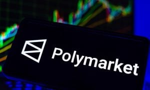Polymarket Logo on Screen on Computer CPU Stock Chart Trends