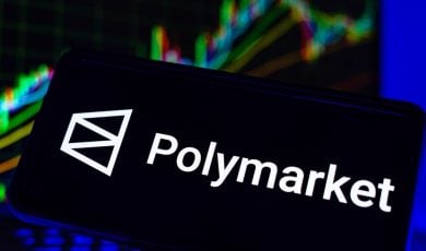 Polymarket Logo on Screen on Computer CPU Stock Chart Trends
