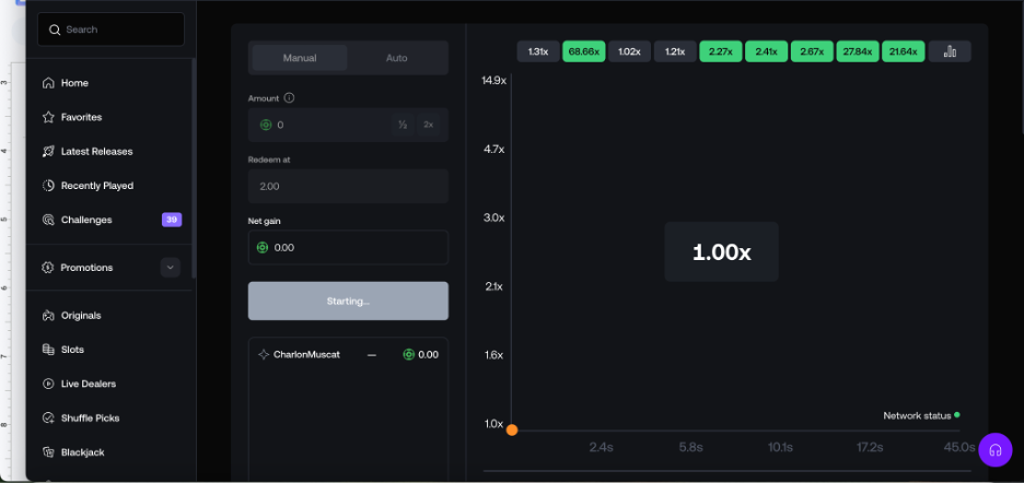 Screenshot of the Shuffle.us Limbo game interface, showing how wagering and playthrough requirements can be completed through gameplay. The screen features a manual betting panel with controls for wager amount, auto cashout settings, and net gain tracking, alongside a multiplier chart displaying potential outcomes and recent winning multipliers such as 68.66x and 27.84x. A central display shows the current round at 1.00x, while a left-side navigation menu provides access to casino sections including Originals, Slots, Live Dealers, Blackjack, Challenges, and Promotions. The image illustrates a provably fair casino game commonly used by players to meet sweepstakes casino wagering requirements and playthrough conditions on the Shuffle.us platform.