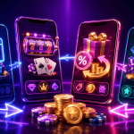 Illustration promoting the benefits of using multiple sweepstakes casinos. Four mobile apps are connected by glowing arrows, showing a cycle of casino rewards, gameplay, promotions, and virtual currency. One screen displays a daily login reward with coins and a gift box, another features slot machine reels and playing cards, a third highlights bonus offers and promotional rewards, and a fourth showcases virtual currency, casino chips, and gem-style prizes. Gold coins and gaming chips appear in the foreground, while neon blue, purple, and pink lighting emphasize player rewards, bonus opportunities, and the variety available across different sweeps casino platforms.