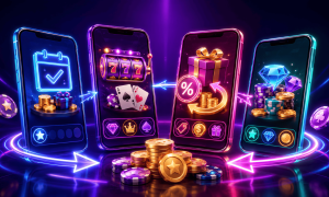 Illustration promoting the benefits of using multiple sweepstakes casinos. Four mobile apps are connected by glowing arrows, showing a cycle of casino rewards, gameplay, promotions, and virtual currency. One screen displays a daily login reward with coins and a gift box, another features slot machine reels and playing cards, a third highlights bonus offers and promotional rewards, and a fourth showcases virtual currency, casino chips, and gem-style prizes. Gold coins and gaming chips appear in the foreground, while neon blue, purple, and pink lighting emphasize player rewards, bonus opportunities, and the variety available across different sweeps casino platforms.
