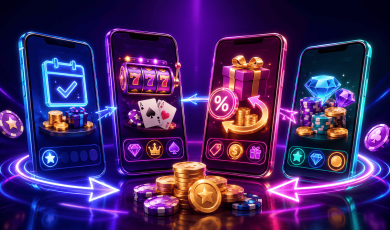 Illustration promoting the benefits of using multiple sweepstakes casinos. Four mobile apps are connected by glowing arrows, showing a cycle of casino rewards, gameplay, promotions, and virtual currency. One screen displays a daily login reward with coins and a gift box, another features slot machine reels and playing cards, a third highlights bonus offers and promotional rewards, and a fourth showcases virtual currency, casino chips, and gem-style prizes. Gold coins and gaming chips appear in the foreground, while neon blue, purple, and pink lighting emphasize player rewards, bonus opportunities, and the variety available across different sweeps casino platforms.