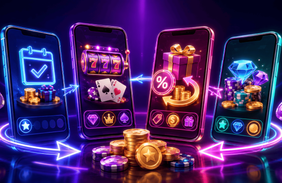 Illustration promoting the benefits of using multiple sweepstakes casinos. Four mobile apps are connected by glowing arrows, showing a cycle of casino rewards, gameplay, promotions, and virtual currency. One screen displays a daily login reward with coins and a gift box, another features slot machine reels and playing cards, a third highlights bonus offers and promotional rewards, and a fourth showcases virtual currency, casino chips, and gem-style prizes. Gold coins and gaming chips appear in the foreground, while neon blue, purple, and pink lighting emphasize player rewards, bonus opportunities, and the variety available across different sweeps casino platforms.