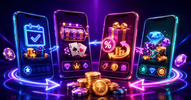 Illustration promoting the benefits of using multiple sweepstakes casinos. Four mobile apps are connected by glowing arrows, showing a cycle of casino rewards, gameplay, promotions, and virtual currency. One screen displays a daily login reward with coins and a gift box, another features slot machine reels and playing cards, a third highlights bonus offers and promotional rewards, and a fourth showcases virtual currency, casino chips, and gem-style prizes. Gold coins and gaming chips appear in the foreground, while neon blue, purple, and pink lighting emphasize player rewards, bonus opportunities, and the variety available across different sweeps casino platforms.