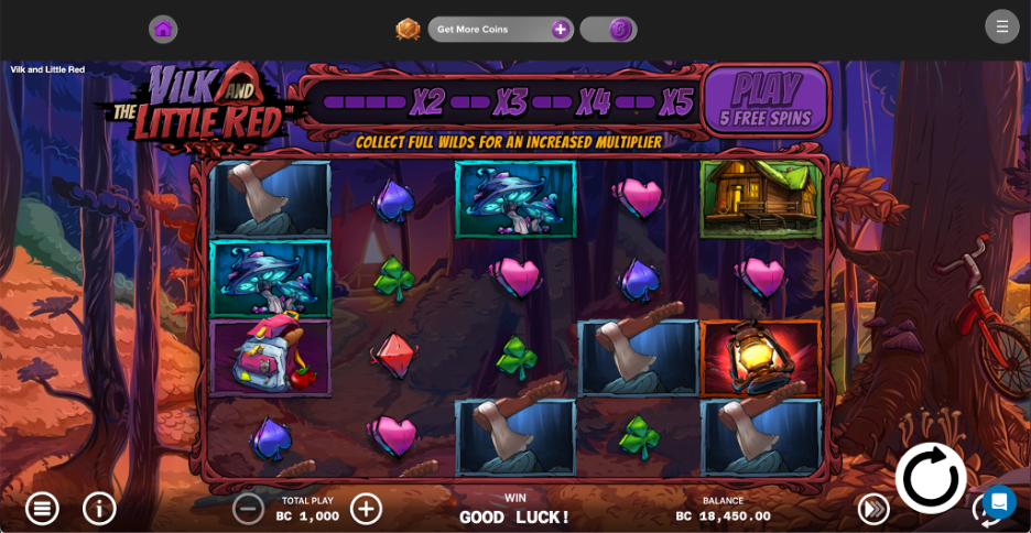 Screenshot of the online slot game “Vilk and the Little Red.” The game features a dark forest-themed background with a five-reel slot grid displaying symbols including wolves, axes, lanterns, a cabin, card suit icons, and a backpack. A banner across the top shows multiplier levels x2, x3, x4, and x5 with the message “Collect Full Wilds for an Increased Multiplier.” A purple button on the right advertises “Play 5 Free Spins.” The bottom panel displays betting information, including a total play amount of BC 1,000, a balance of BC 18,450.00, and the message “Good Luck!” Interface controls for spinning, settings, information, and chat support surround the game screen. The artwork uses vivid purple, red, blue, and orange colors, creating a fairy-tale-inspired woodland atmosphere.