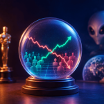 Illustration depicting popular non-sports prediction markets and speculative betting topics. At the center, a crystal ball displays two intersecting trend lines, one rising and one falling, above a grid of human figures representing market participants. Surrounding the crystal ball are cultural and news-related symbols, including a vintage television, a film award statuette, a government building, a view of Earth, and an alien figure. The image uses blue and orange lighting against a dark background to suggest forecasting, public opinion, entertainment awards, politics, and unconventional prediction market themes.
