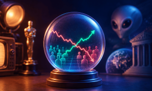Illustration depicting popular non-sports prediction markets and speculative betting topics. At the center, a crystal ball displays two intersecting trend lines, one rising and one falling, above a grid of human figures representing market participants. Surrounding the crystal ball are cultural and news-related symbols, including a vintage television, a film award statuette, a government building, a view of Earth, and an alien figure. The image uses blue and orange lighting against a dark background to suggest forecasting, public opinion, entertainment awards, politics, and unconventional prediction market themes.