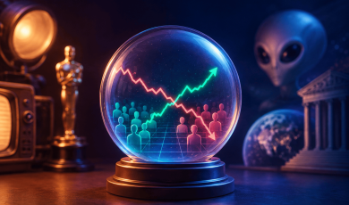 Illustration depicting popular non-sports prediction markets and speculative betting topics. At the center, a crystal ball displays two intersecting trend lines, one rising and one falling, above a grid of human figures representing market participants. Surrounding the crystal ball are cultural and news-related symbols, including a vintage television, a film award statuette, a government building, a view of Earth, and an alien figure. The image uses blue and orange lighting against a dark background to suggest forecasting, public opinion, entertainment awards, politics, and unconventional prediction market themes.