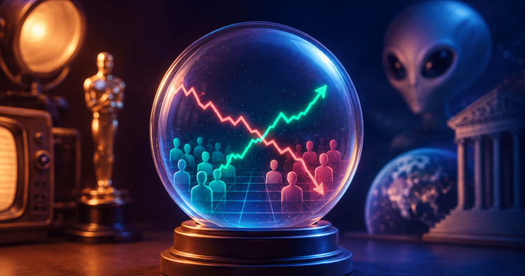 Illustration depicting popular non-sports prediction markets and speculative betting topics. At the center, a crystal ball displays two intersecting trend lines, one rising and one falling, above a grid of human figures representing market participants. Surrounding the crystal ball are cultural and news-related symbols, including a vintage television, a film award statuette, a government building, a view of Earth, and an alien figure. The image uses blue and orange lighting against a dark background to suggest forecasting, public opinion, entertainment awards, politics, and unconventional prediction market themes.