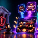 Illustration of sweepstakes casino regulation and market growth, featuring a courthouse, judge's gavel, compliance shield, and digital slot machine connected to casino game categories such as slots, roulette, and table games, symbolizing the impact of gambling laws and regulatory oversight on sweeps casinos and the broader online gaming industry.