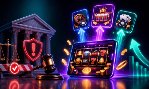 Illustration of sweepstakes casino regulation and market growth, featuring a courthouse, judge's gavel, compliance shield, and digital slot machine connected to casino game categories such as slots, roulette, and table games, symbolizing the impact of gambling laws and regulatory oversight on sweeps casinos and the broader online gaming industry.