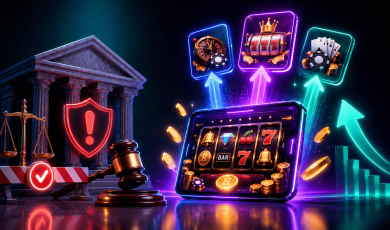 Illustration of sweepstakes casino regulation and market growth, featuring a courthouse, judge's gavel, compliance shield, and digital slot machine connected to casino game categories such as slots, roulette, and table games, symbolizing the impact of gambling laws and regulatory oversight on sweeps casinos and the broader online gaming industry.