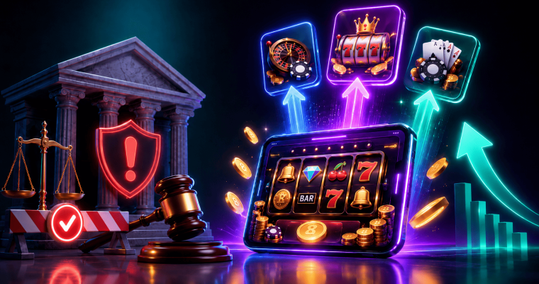 Illustration of sweepstakes casino regulation and market growth, featuring a courthouse, judge's gavel, compliance shield, and digital slot machine connected to casino game categories such as slots, roulette, and table games, symbolizing the impact of gambling laws and regulatory oversight on sweeps casinos and the broader online gaming industry.