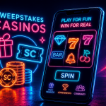 Neon-style illustration about sweepstakes casinos and social casino gaming. A smartphone displays a colorful slot machine with symbols including diamonds, sevens, cherries, a bell, and a BAR icon, along with the phrases “PLAY FOR FUN” and “WIN FOR REAL.” To the left, glowing text reads “SWEEPSTAKES CASINOS” beside a gift box, stacks of coins, and a ticket labeled “SC,” representing sweepstakes coins or credits. The app interface includes icons for daily rewards, achievements, and community features. Bright blue, pink, and orange neon lighting reflects across a dark background, emphasizing online gaming, promotional rewards, and sweepstakes-style casino play.