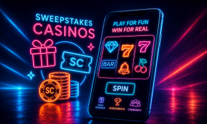 Neon-style illustration about sweepstakes casinos and social casino gaming. A smartphone displays a colorful slot machine with symbols including diamonds, sevens, cherries, a bell, and a BAR icon, along with the phrases “PLAY FOR FUN” and “WIN FOR REAL.” To the left, glowing text reads “SWEEPSTAKES CASINOS” beside a gift box, stacks of coins, and a ticket labeled “SC,” representing sweepstakes coins or credits. The app interface includes icons for daily rewards, achievements, and community features. Bright blue, pink, and orange neon lighting reflects across a dark background, emphasizing online gaming, promotional rewards, and sweepstakes-style casino play.