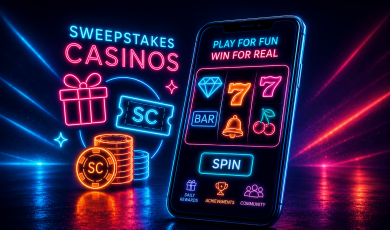 Neon-style illustration about sweepstakes casinos and social casino gaming. A smartphone displays a colorful slot machine with symbols including diamonds, sevens, cherries, a bell, and a BAR icon, along with the phrases “PLAY FOR FUN” and “WIN FOR REAL.” To the left, glowing text reads “SWEEPSTAKES CASINOS” beside a gift box, stacks of coins, and a ticket labeled “SC,” representing sweepstakes coins or credits. The app interface includes icons for daily rewards, achievements, and community features. Bright blue, pink, and orange neon lighting reflects across a dark background, emphasizing online gaming, promotional rewards, and sweepstakes-style casino play.