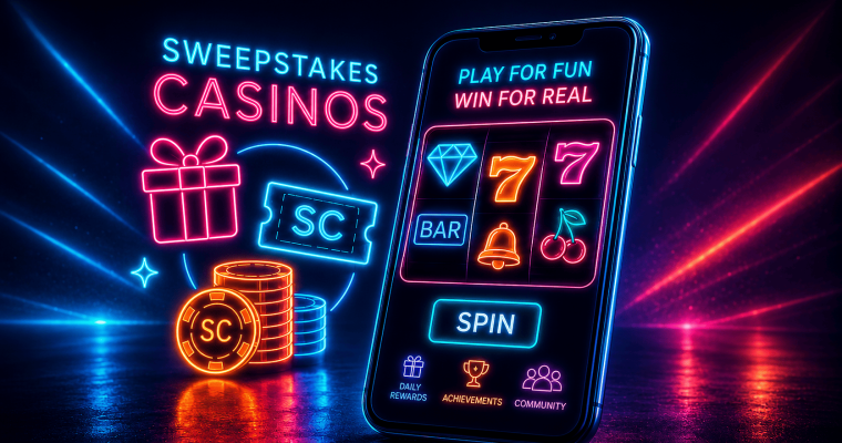 Neon-style illustration about sweepstakes casinos and social casino gaming. A smartphone displays a colorful slot machine with symbols including diamonds, sevens, cherries, a bell, and a BAR icon, along with the phrases “PLAY FOR FUN” and “WIN FOR REAL.” To the left, glowing text reads “SWEEPSTAKES CASINOS” beside a gift box, stacks of coins, and a ticket labeled “SC,” representing sweepstakes coins or credits. The app interface includes icons for daily rewards, achievements, and community features. Bright blue, pink, and orange neon lighting reflects across a dark background, emphasizing online gaming, promotional rewards, and sweepstakes-style casino play.