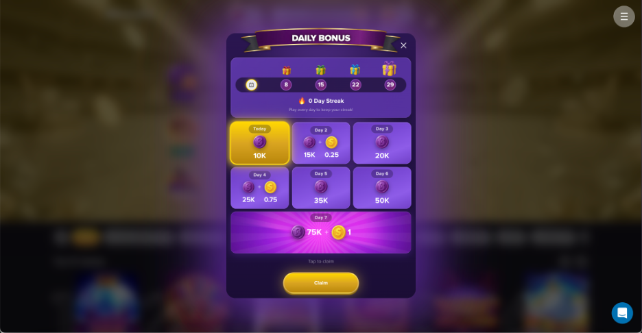 Beyond the 100,000 BC and 2 SC Blitzmania new player offer, I had no deposit bonuses popping up daily. Let me give you an idea of what to expect: 
●	Daily Bonus: Logging in each day unlocks a reward that grows alongside your streak. I first got 10,000 BC, then after a week, the payout had climbed to 75,000 BC and 1 SC. What you gotta keep in mind is that missing one starts the sequence all over. On day 29, I claimed 100,000 BC and 3 SC.
●	Referral Bonus: Every qualifying referral earns you 600,000 BC and 30 SC. To count, the person must register through your link, complete verification, and make a purchase of at least $14.99. There's no cap on how many people you can bring in. On top of that, additional BC and SC bonuses show up once your referral count reaches 5, 10, 20, 35, and 50.
●	Missions: New tasks kept cycling in throughout the week. Some asked me to spin 20 times, others required wagering 55,650 BC or playing RubyPlay slots with SC. Every completed objective paid a mix of BC, SC, and milestone points. The latter filled a weekly meter with reward drops waiting at 180, 300, 600, and 840 points.
●	Mail-In Requests: You can get free SC by mailing a handwritten 4" x 6" card containing your account details, address, a one-time Postal Request Code. I managed to generate that inside my profile. The Blitzmania sweeps rules document shows the exact statement required. However, I didn’t see how many SC will be awarded. My request is currently being processed, so I'll update this section once I hear back. 
