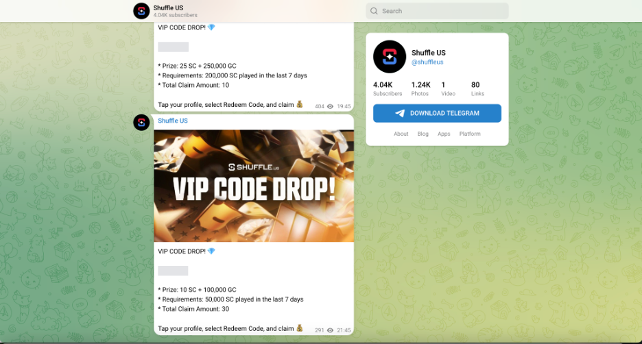 Screenshot of the Shuffle US Telegram channel showing VIP code drops and bonus rewards available to sweepstakes casino players. The channel displays promotional posts offering free Sweep Coins (SC) and Gold Coins (GC), including a VIP code drop with 25 SC and 250,000 GC and another reward offering 10 SC and 100,000 GC. Each post lists eligibility requirements based on recent gameplay activity and provides instructions to redeem the code through the Shuffle US account menu. A profile panel on the right shows the official Shuffle US Telegram channel with subscriber and content statistics. The image illustrates how Shuffle US uses Telegram bonus drops, promotional codes, and sweepstakes coin rewards to engage active players.