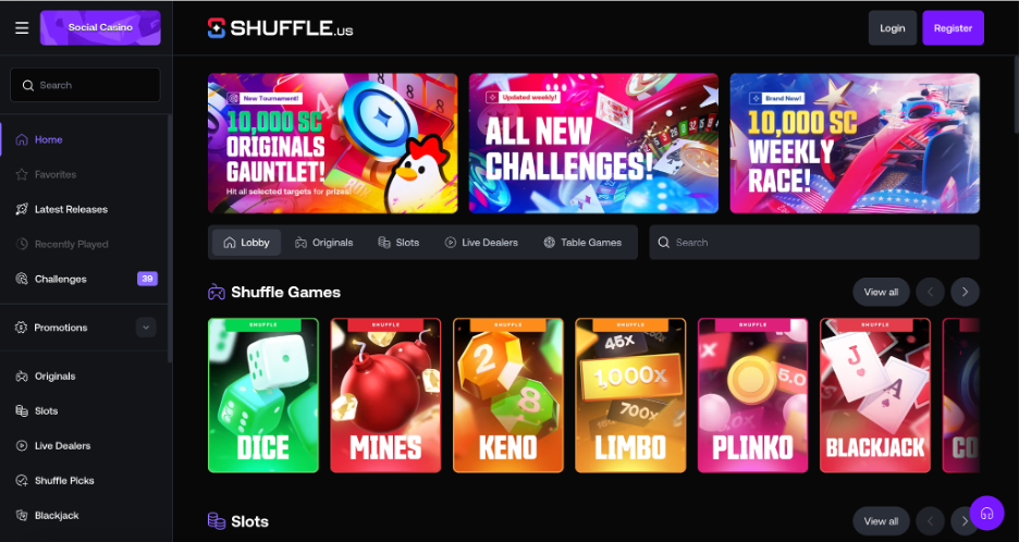 Screenshot of the Shuffle.us sweepstakes casino homepage showing a dark-themed online gaming lobby with navigation for Social Casino, Originals, Slots, Live Dealers, Table Games, and Promotions. Promotional banners at the top advertise a 10,000 SC Originals Gauntlet tournament, new challenges, and a 10,000 SC weekly race. The main content area highlights Shuffle Originals games, including Dice, Mines, Keno, Limbo, Plinko, and Blackjack, displayed in colorful game tiles. A left-side menu provides access to favorites, latest releases, recently played games, challenges, and casino categories. The image illustrates the game selection, promotions, and user interface available on the Shuffle.us sweepstakes casino platform.