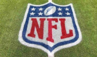 An NFL logo on a green artificial grass football field line