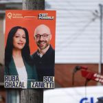 Election poster for the Quebec provincial election, featuring party leader Ruba Ghazal and Sol Zanetti of Québec solidaire