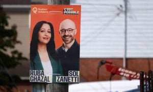 Election poster for the Quebec provincial election, featuring party leader Ruba Ghazal and Sol Zanetti of Québec solidaire
