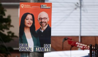 Election poster for the Quebec provincial election, featuring party leader Ruba Ghazal and Sol Zanetti of Québec solidaire