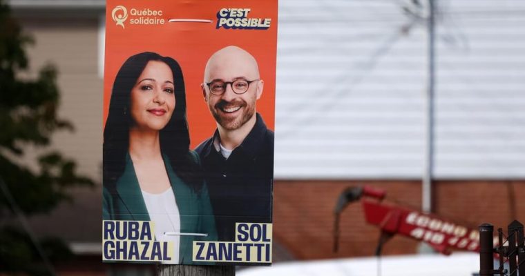 Election poster for the Quebec provincial election, featuring party leader Ruba Ghazal and Sol Zanetti of Québec solidaire