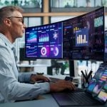 Financial Analyst Pointing At Predictive Dashboard While Monitoring Market Trends Data