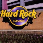 Hard Rock Casino logo in front of flower display