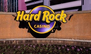 Hard Rock Casino logo in front of flower display