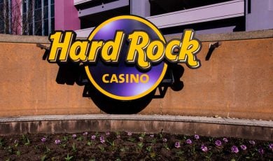 Hard Rock Casino logo in front of flower display