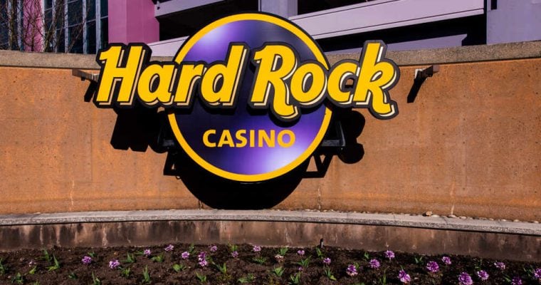 Hard Rock Casino logo in front of flower display
