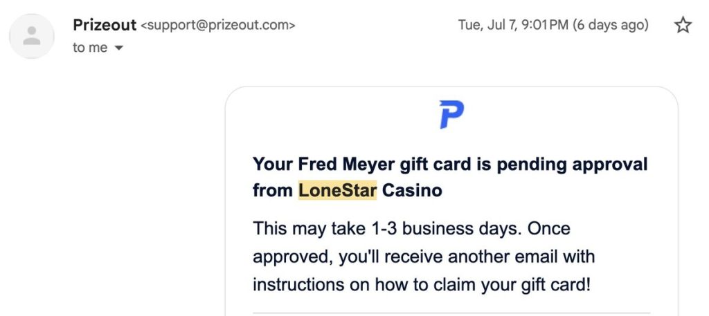 LoneStar Casino Gift Card Prize Redemption
