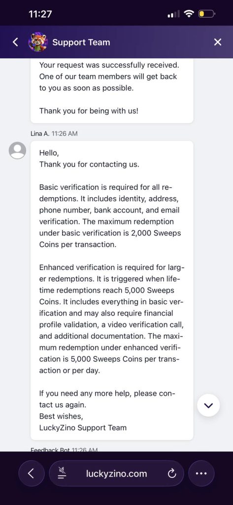 LuckyZino Customer Support Interaction