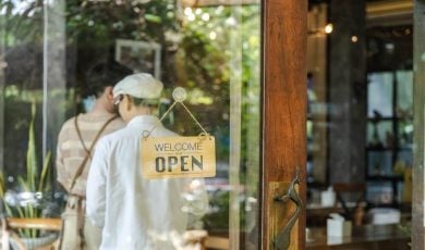 Small business startup, door with open sign