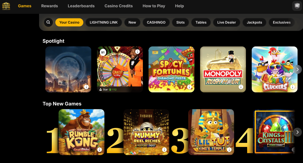 Golden Nugget Casino Canada game lobby showing Spotlight and Top New Games, including Crazy Time, Monopoly Rush Hour, Rumble Kong and Mummy Reel Riches
