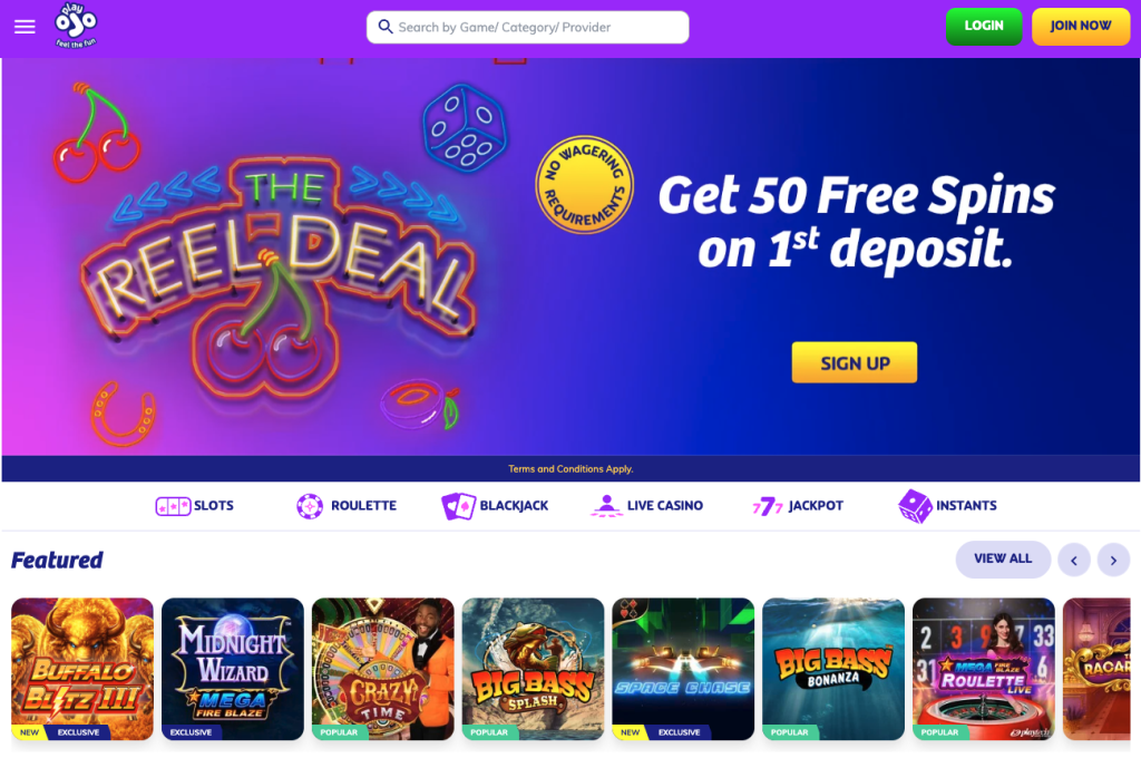 PlayOJO online casino homepage showing a large promotional banner with a purple-to-blue gradient background. The banner features neon-style slot machine imagery, cherries, a dice, a horseshoe, and the game title “The Reel Deal.” Promotional text reads “Get 50 Free Spins on 1st deposit” alongside a circular badge stating “No Wagering Requirements” and a yellow “Sign Up” button. At the top are the PlayOJO logo, a search bar, and green “Login” and yellow “Join Now” buttons. Below the banner is a navigation menu with casino categories including Slots, Roulette, Blackjack, Live Casino, Jackpot, and Instants. A “Featured” section displays game tiles such as Buffalo Blitz III, Midnight Wizard Mega Fire Blaze, Crazy Time, Big Bass Splash, Space Chase, Big Bass Bonanza, and Mega Fire Blaze Roulette Live. The page uses bright purple, blue, yellow, and pink colors with a clean, modern casino-themed layout.