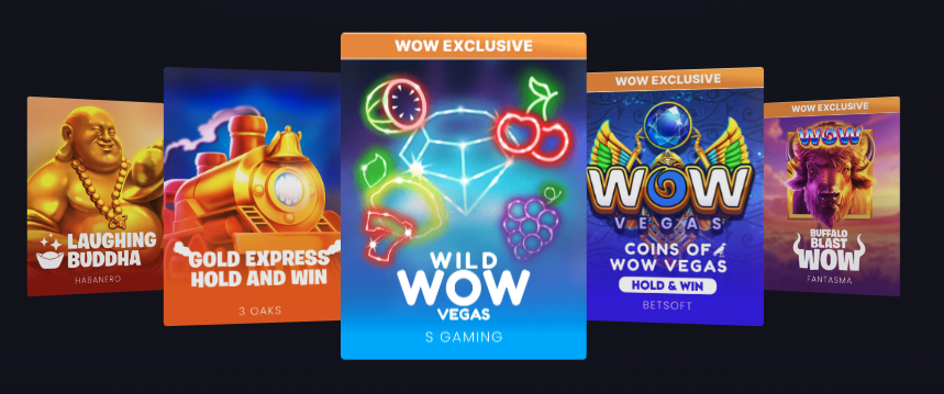 Promotional image from WOW Vegas showing a collection of online slot game tiles displayed against a dark navy background. Five game cards are arranged in a layered, fan-like layout. The center card, titled “Wild WOW Vegas” by SG Gaming, is highlighted and features neon-style fruit symbols and a glowing diamond on a blue gradient background with an orange banner reading “WOW EXCLUSIVE.”
Surrounding the featured card are additional slot game tiles: “Laughing Buddha” by Habanero on the left with a large golden Buddha statue; “Gold Express Hold and Win” by 3 Oaks featuring a gold train locomotive; “Coins of WOW Vegas Hold & Win” by Betsoft with a blue and gold emblem and a WOW Exclusive banner; and “Buffalo Blast WOW” by Fantasma on the right featuring a buffalo illustration and a WOW Exclusive banner. The image uses bright neon blues, golds, oranges, and purples to emphasize the casino gaming theme.