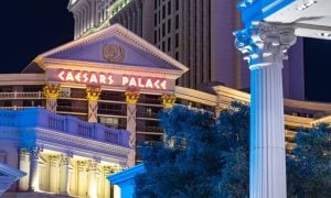 A picture of the Caesars Palace at night