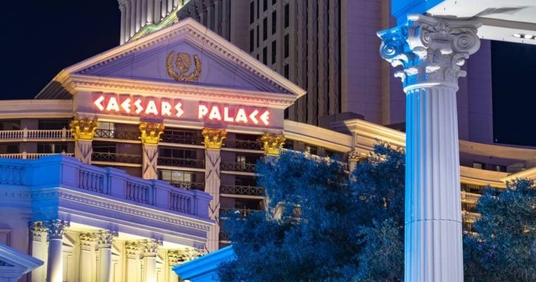 A picture of the Caesars Palace at night
